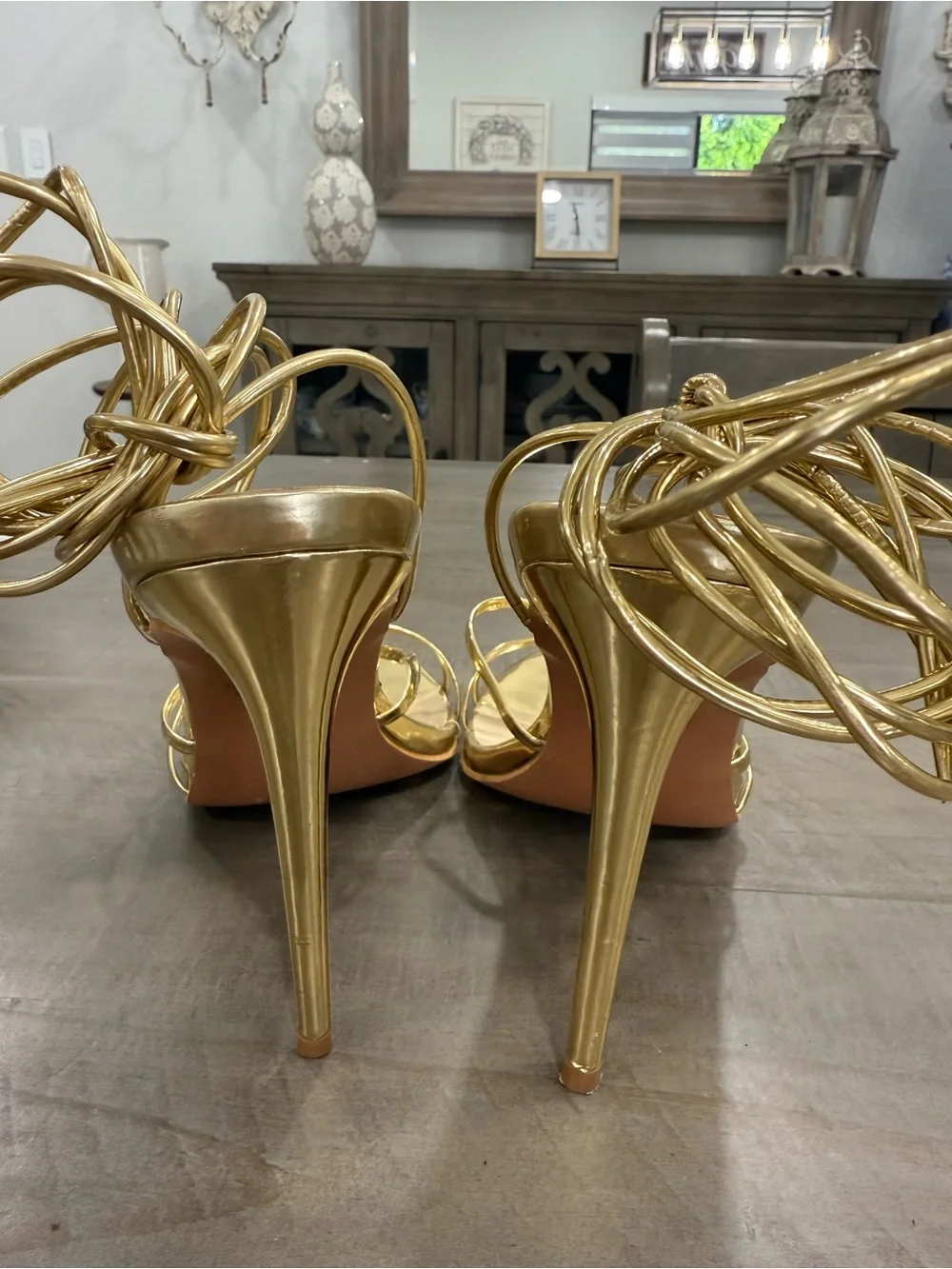 PrettyLittleThing Gold Metallic Strappy Lace-Up Stiletto Heels US 9